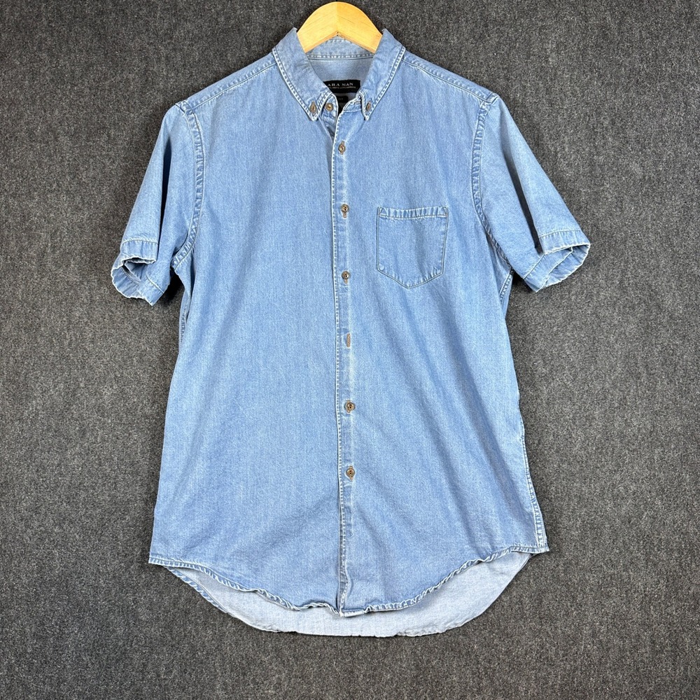 Zara Man Slim Fit Short Sleeve Denim Shirt Light Wash Blue Large